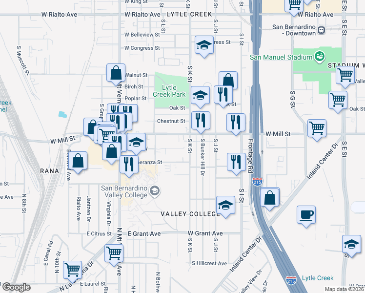 map of restaurants, bars, coffee shops, grocery stores, and more near 1128 Huff Street West in San Bernardino