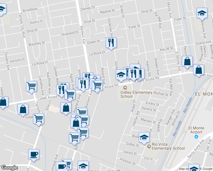 map of restaurants, bars, coffee shops, grocery stores, and more near 4802 Ryland Avenue in Temple City
