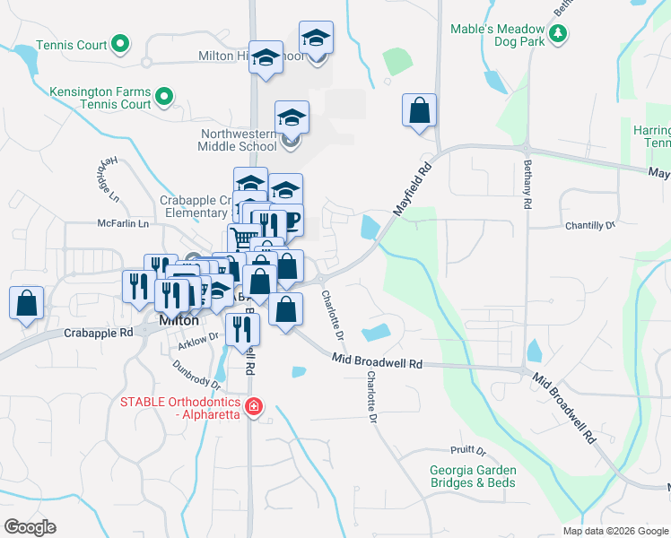 map of restaurants, bars, coffee shops, grocery stores, and more near 875 Mayfield Road in Alpharetta
