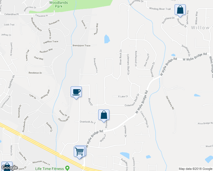 map of restaurants, bars, coffee shops, grocery stores, and more near 801 Bluff Place in Woodstock