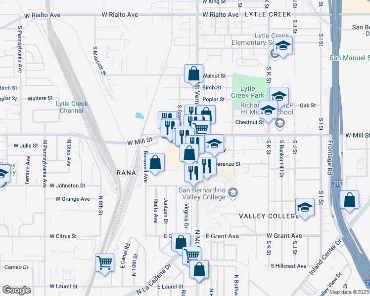map of restaurants, bars, coffee shops, grocery stores, and more near 570 S Mt Vernon Ave in San Bernardino