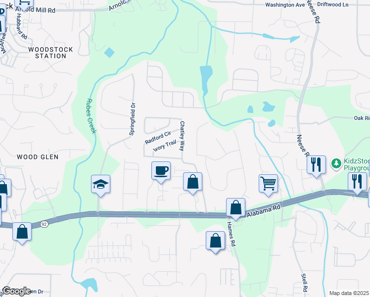 map of restaurants, bars, coffee shops, grocery stores, and more near 1350 Chatley Way in Woodstock
