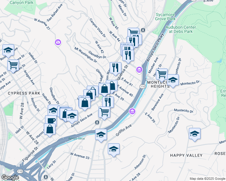 map of restaurants, bars, coffee shops, grocery stores, and more near 3933 North Figueroa Street in Los Angeles