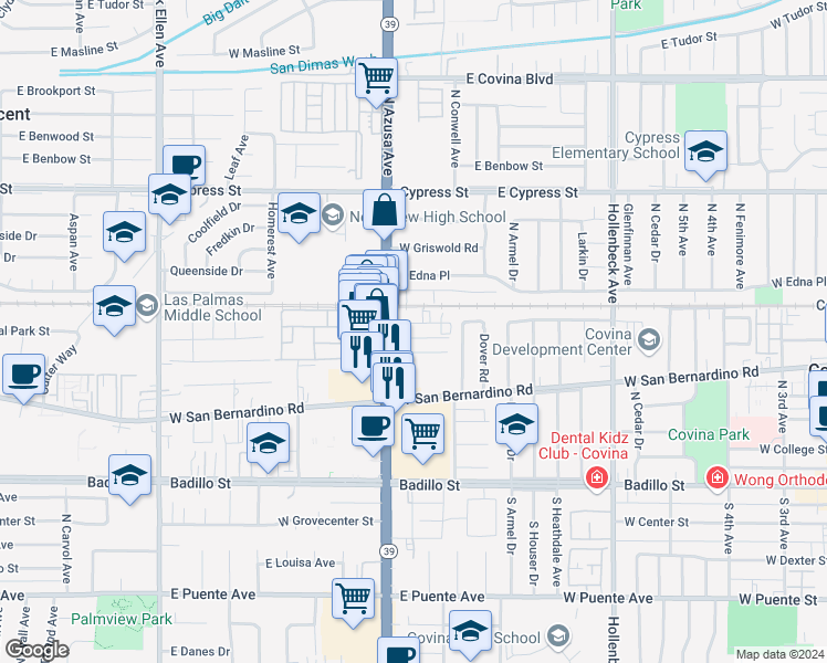 map of restaurants, bars, coffee shops, grocery stores, and more near 846 West Front Street in Covina