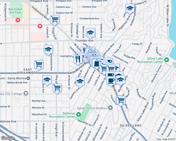 map of restaurants, bars, coffee shops, grocery stores, and more near 1071 Manzanita Street in Los Angeles