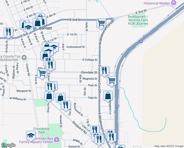 map of restaurants, bars, coffee shops, grocery stores, and more near 118 Bradley Street in Burkburnett