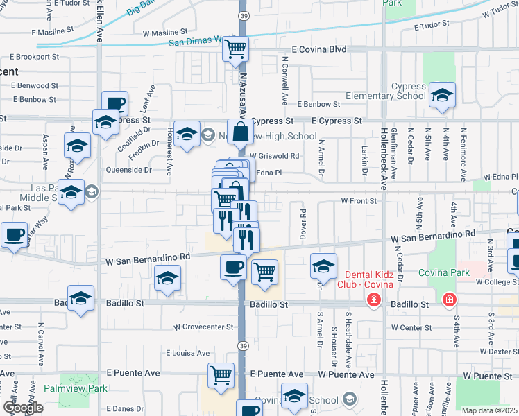 map of restaurants, bars, coffee shops, grocery stores, and more near 815 West Front Street in Covina