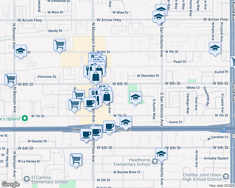map of restaurants, bars, coffee shops, grocery stores, and more near 1061 West Bennington Street in Upland