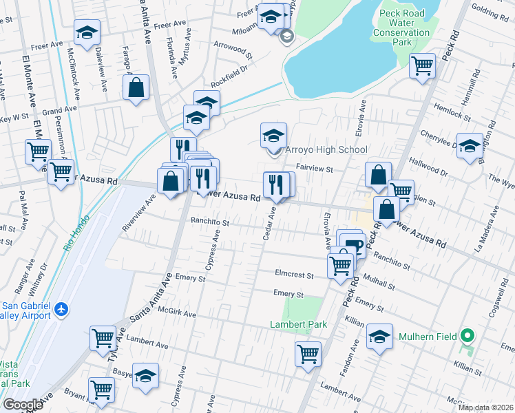 map of restaurants, bars, coffee shops, grocery stores, and more near 11141 Lower Azusa Road in El Monte