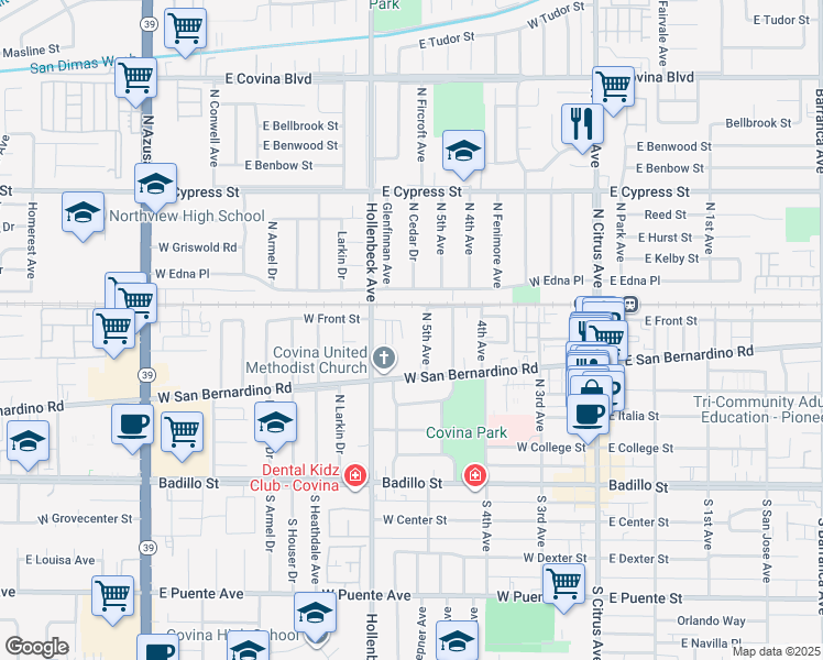map of restaurants, bars, coffee shops, grocery stores, and more near 428 West Front Street in Covina