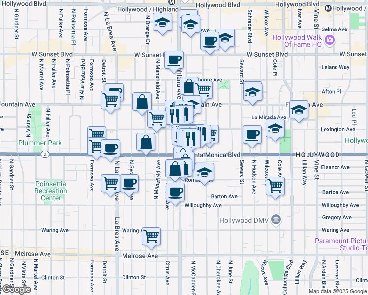 map of restaurants, bars, coffee shops, grocery stores, and more near 1145 North McCadden Place in Los Angeles