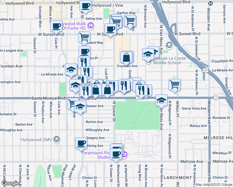 map of restaurants, bars, coffee shops, grocery stores, and more near 1143 North Beachwood Drive in Los Angeles