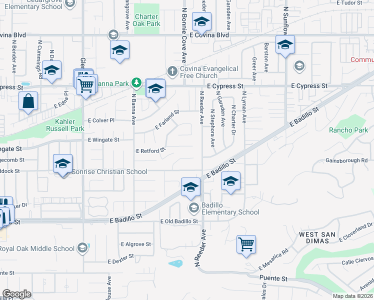 map of restaurants, bars, coffee shops, grocery stores, and more near 1706 East Wingate Street in Covina