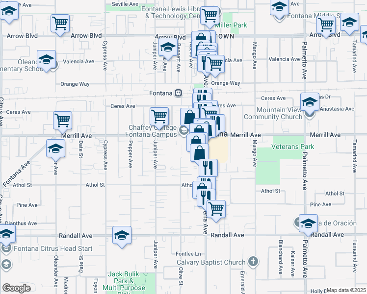 map of restaurants, bars, coffee shops, grocery stores, and more near 16855 Merrill Avenue in Fontana