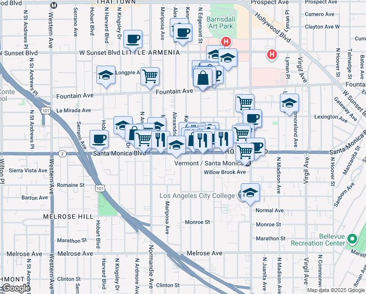 map of restaurants, bars, coffee shops, grocery stores, and more near 1137 North Kenmore Avenue in Los Angeles