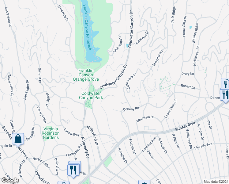 map of restaurants, bars, coffee shops, grocery stores, and more near 1005 North Alpine Drive in Beverly Hills