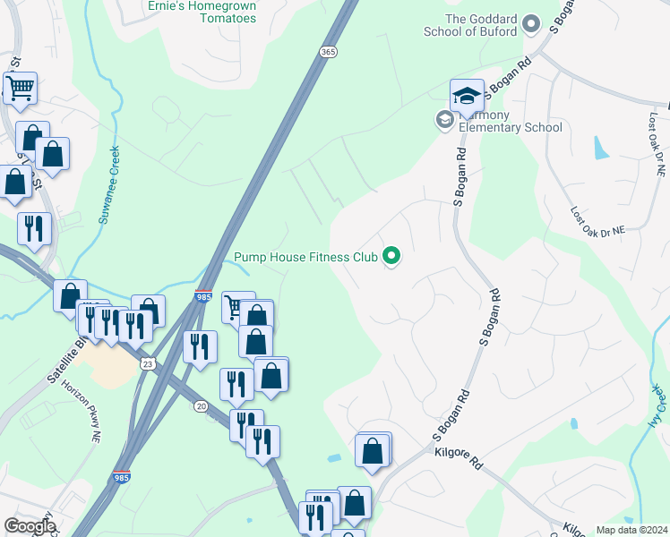 map of restaurants, bars, coffee shops, grocery stores, and more near 2090 Misty Oaks Drive in Buford