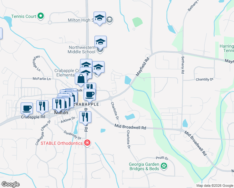 map of restaurants, bars, coffee shops, grocery stores, and more near 900 Mayfield Road in Alpharetta
