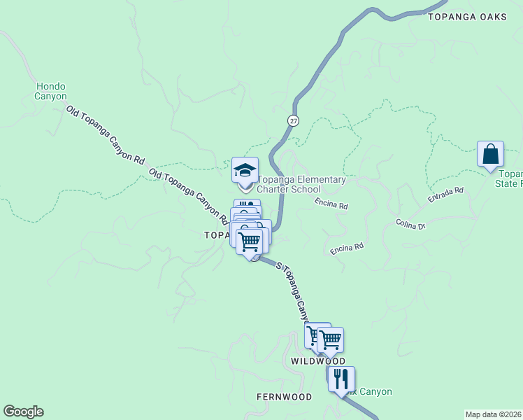 map of restaurants, bars, coffee shops, grocery stores, and more near 141 North Topanga Canyon Boulevard in Topanga