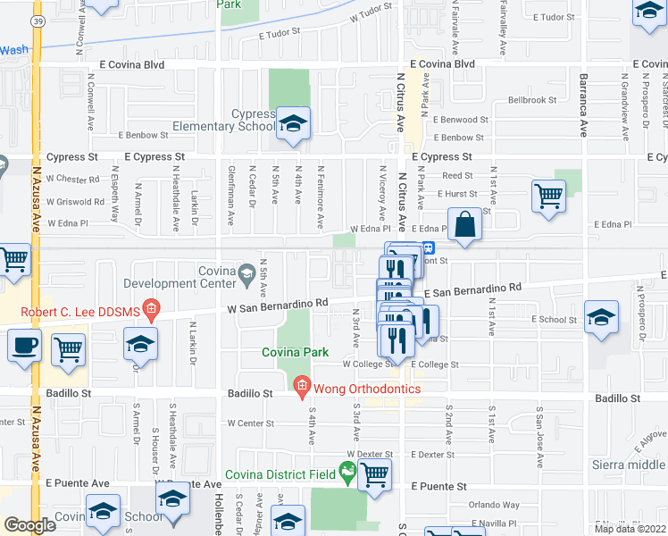 map of restaurants, bars, coffee shops, grocery stores, and more near 257 West Pershing Court in Covina