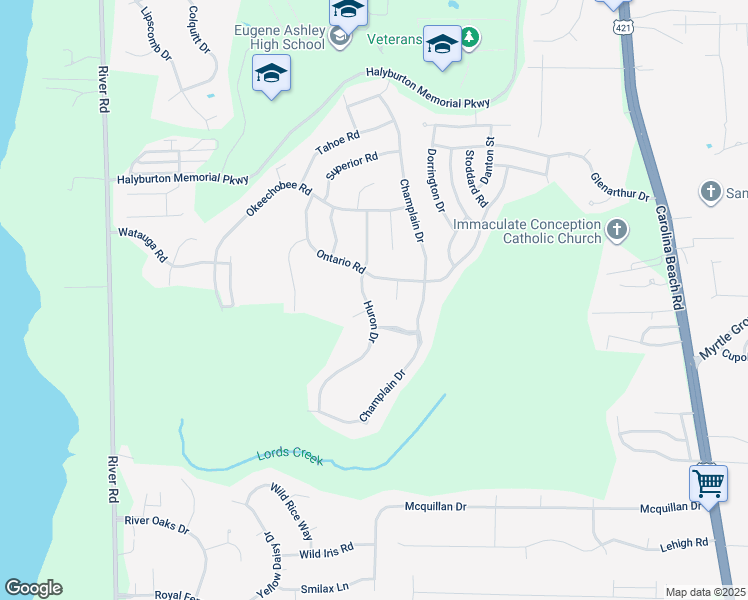 map of restaurants, bars, coffee shops, grocery stores, and more near 7719 Huron Drive in Wilmington