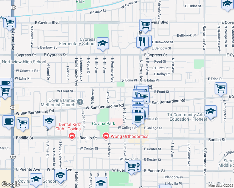 map of restaurants, bars, coffee shops, grocery stores, and more near 534 North Chardonnay Drive in Covina