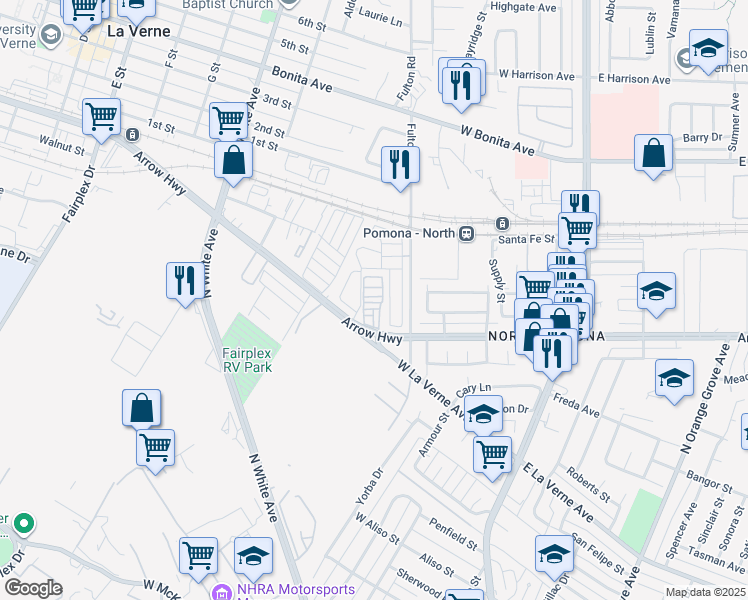 map of restaurants, bars, coffee shops, grocery stores, and more near in La Verne