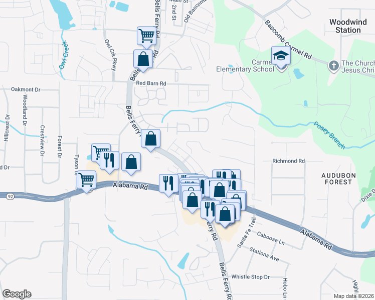 map of restaurants, bars, coffee shops, grocery stores, and more near 818 Whisperwood Trail in Acworth