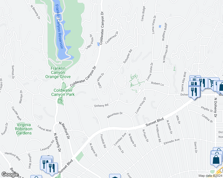 map of restaurants, bars, coffee shops, grocery stores, and more near 1120 El Retiro Way in Beverly Hills