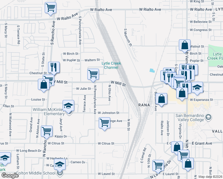 map of restaurants, bars, coffee shops, grocery stores, and more near 232 West South Channel Access Road in Colton