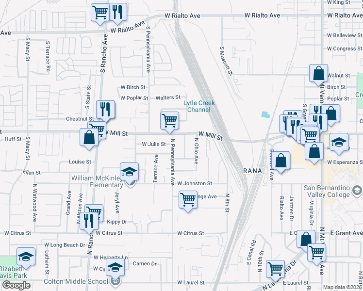map of restaurants, bars, coffee shops, grocery stores, and more near 2098 North Pennsylvania Avenue in Colton