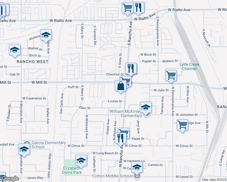 map of restaurants, bars, coffee shops, grocery stores, and more near 2001 North Rancho Avenue in Colton