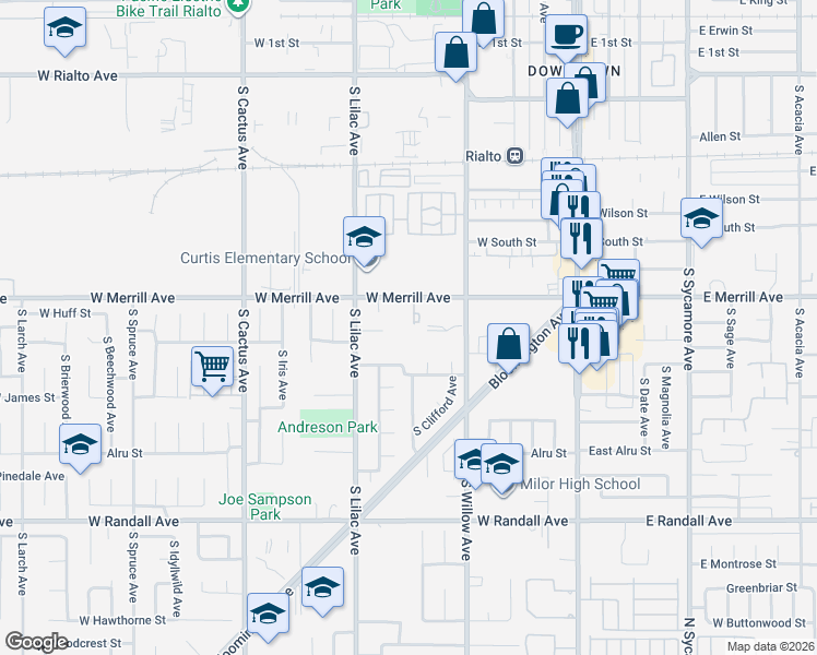 map of restaurants, bars, coffee shops, grocery stores, and more near 405 West Merrill Avenue in Rialto