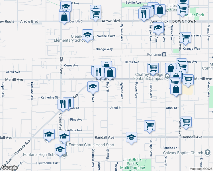 map of restaurants, bars, coffee shops, grocery stores, and more near 16385 Merrill Avenue in Fontana