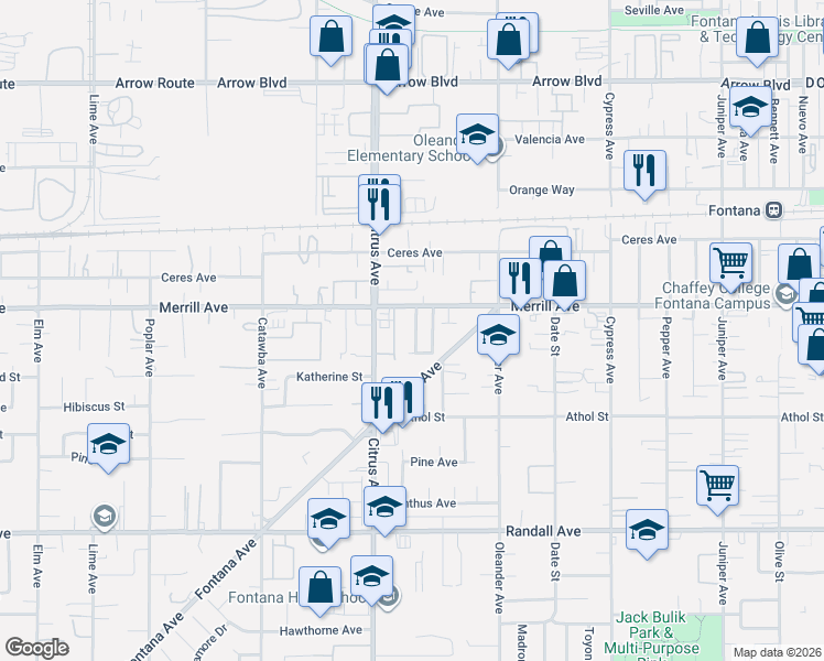map of restaurants, bars, coffee shops, grocery stores, and more near 8902 Satinwood Street in Fontana