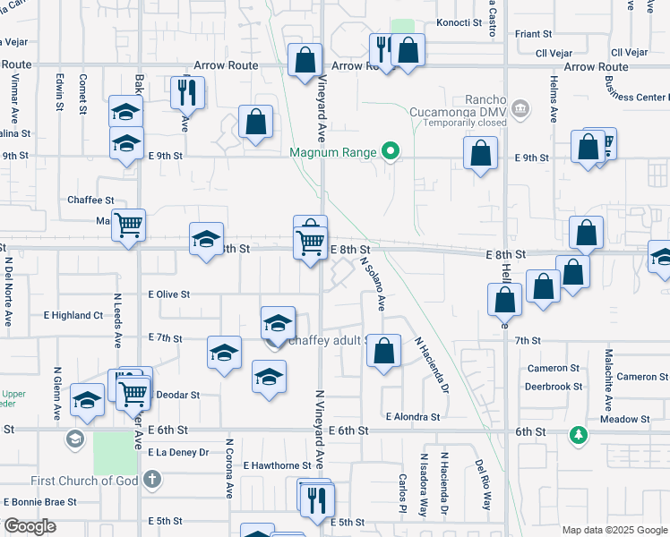 map of restaurants, bars, coffee shops, grocery stores, and more near 1842 North Vineyard Avenue in Ontario