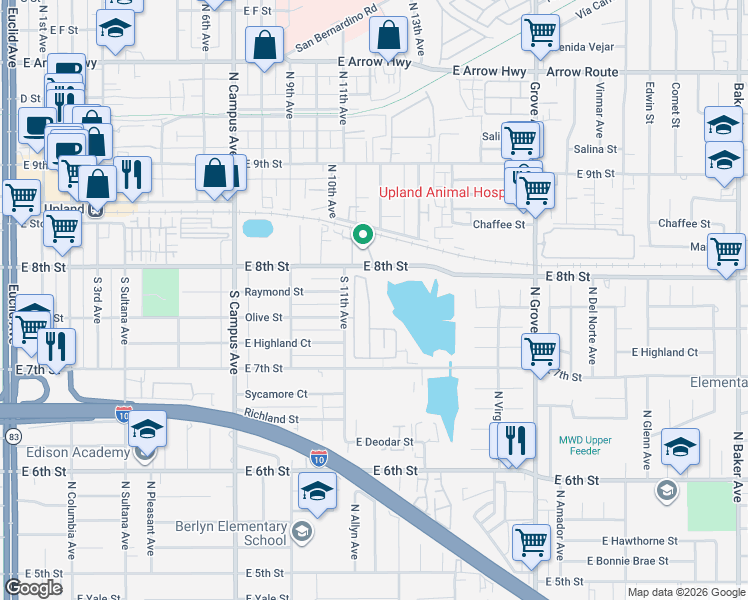 map of restaurants, bars, coffee shops, grocery stores, and more near 216 Freedom Avenue in Upland