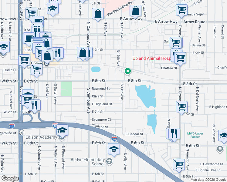 map of restaurants, bars, coffee shops, grocery stores, and more near 1021 Raymond Street in Upland