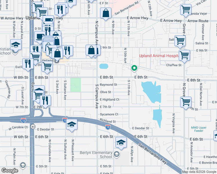 map of restaurants, bars, coffee shops, grocery stores, and more near 779 Raymond Street in Upland