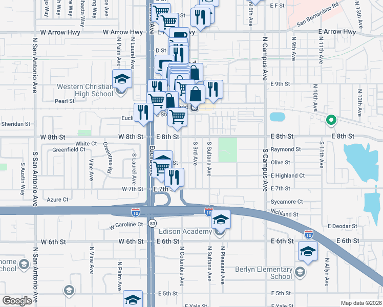 map of restaurants, bars, coffee shops, grocery stores, and more near 218 South 2nd Avenue in Upland