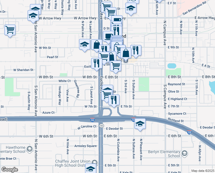 map of restaurants, bars, coffee shops, grocery stores, and more near 222 South 1st Avenue in Upland