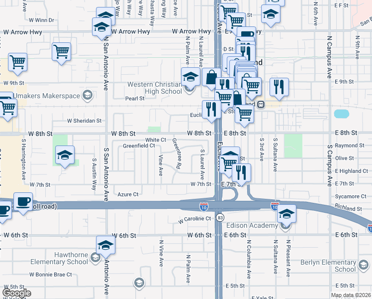 map of restaurants, bars, coffee shops, grocery stores, and more near 210 West 8th Street in Upland