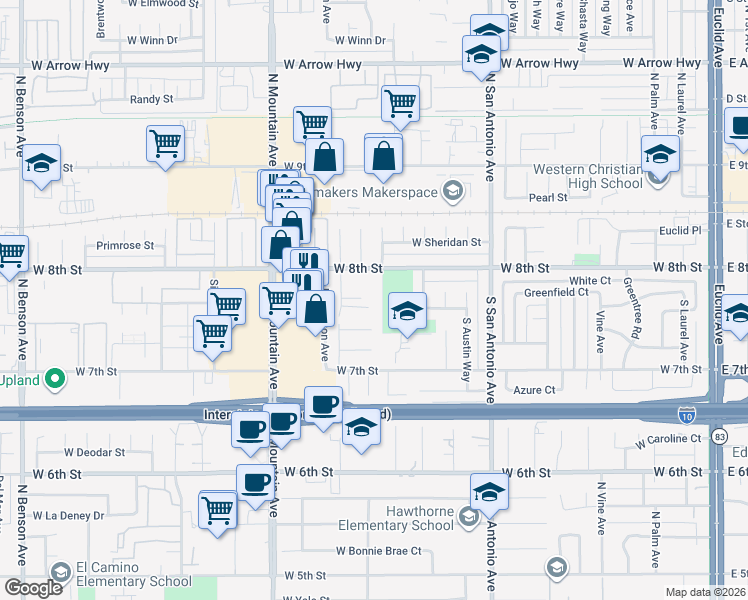 map of restaurants, bars, coffee shops, grocery stores, and more near 1020 West 8th Street in Upland