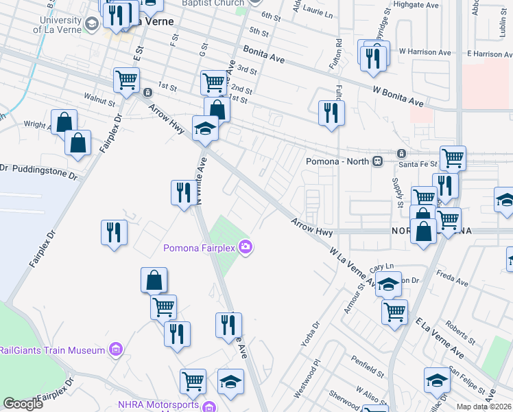 map of restaurants, bars, coffee shops, grocery stores, and more near 775 Laredo Avenue in Pomona