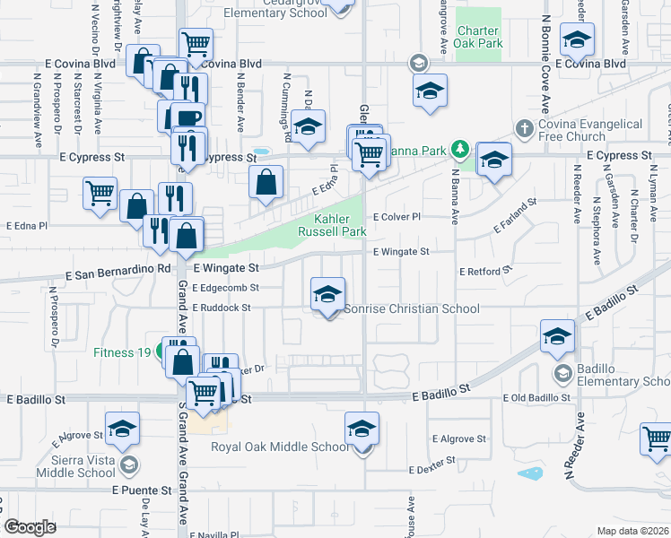 map of restaurants, bars, coffee shops, grocery stores, and more near 1225 East Wingate Street in Covina