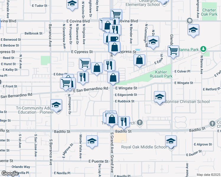 map of restaurants, bars, coffee shops, grocery stores, and more near 601 North Grand Avenue in Covina