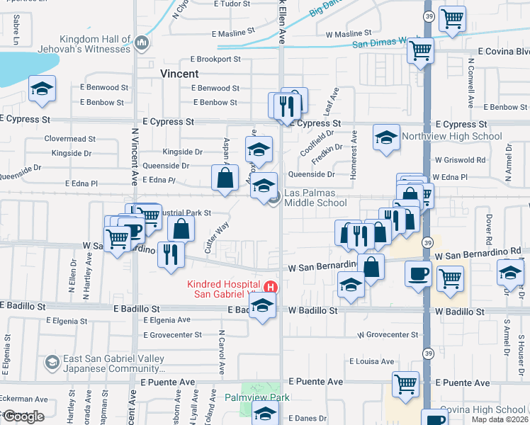 map of restaurants, bars, coffee shops, grocery stores, and more near 695 North Lark Ellen Avenue in Covina