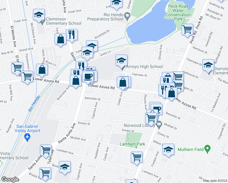 map of restaurants, bars, coffee shops, grocery stores, and more near 11141 Lower Azusa Road in El Monte