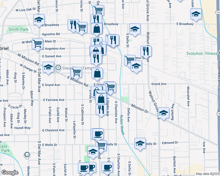 map of restaurants, bars, coffee shops, grocery stores, and more near 845 East Grand Avenue in San Gabriel