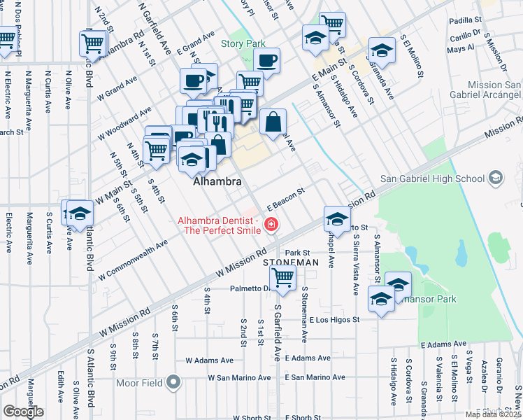 map of restaurants, bars, coffee shops, grocery stores, and more near 21 East Beacon Street in Alhambra